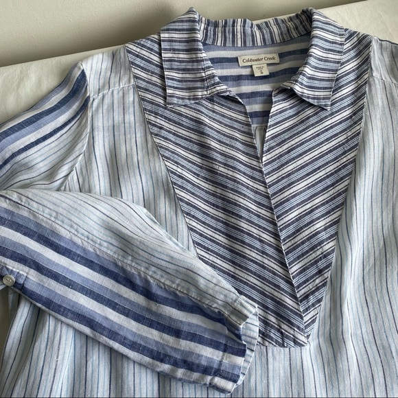 Coldwater Creek Linen Stripe Popover Blouse Roll Tab Sleeves - Picture 6 of 11